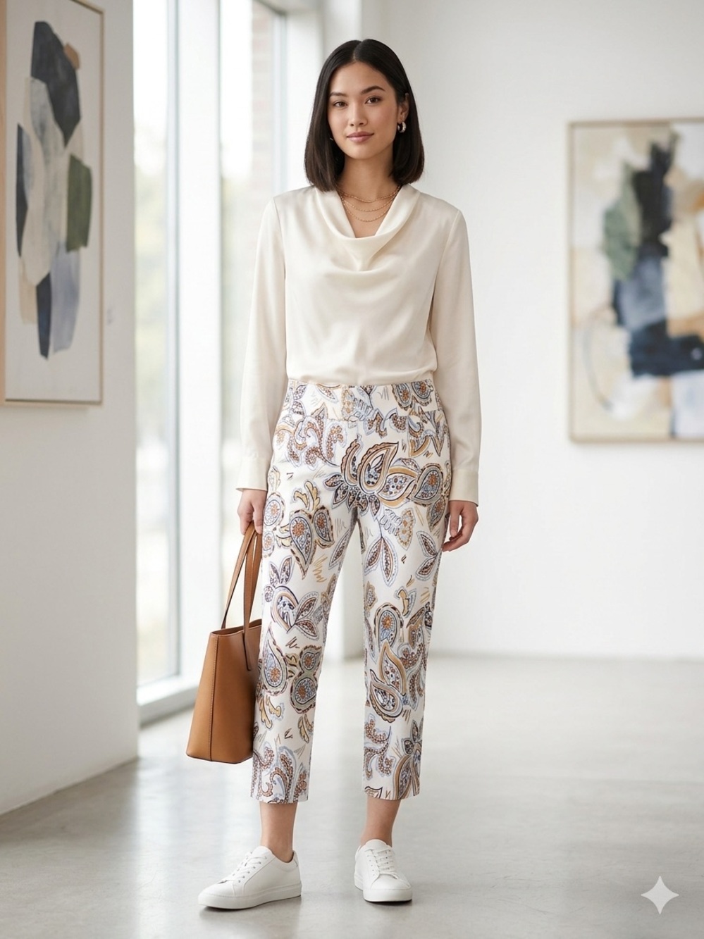 Zac & Rachel Cream Summertime Casual Paisley Cropped Pants with Brown & Blue